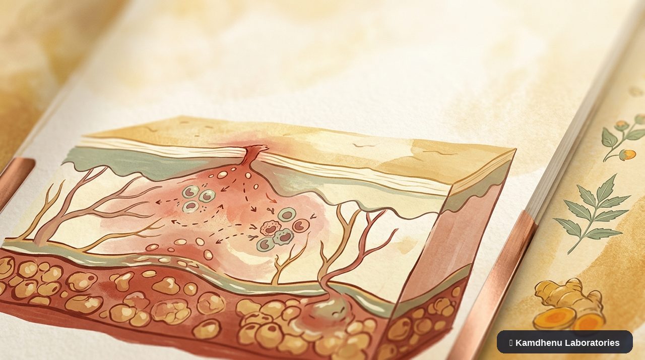 Editorial illustration representing Cellulitis for the Kamdhenu Laboratories educational wellness blog.