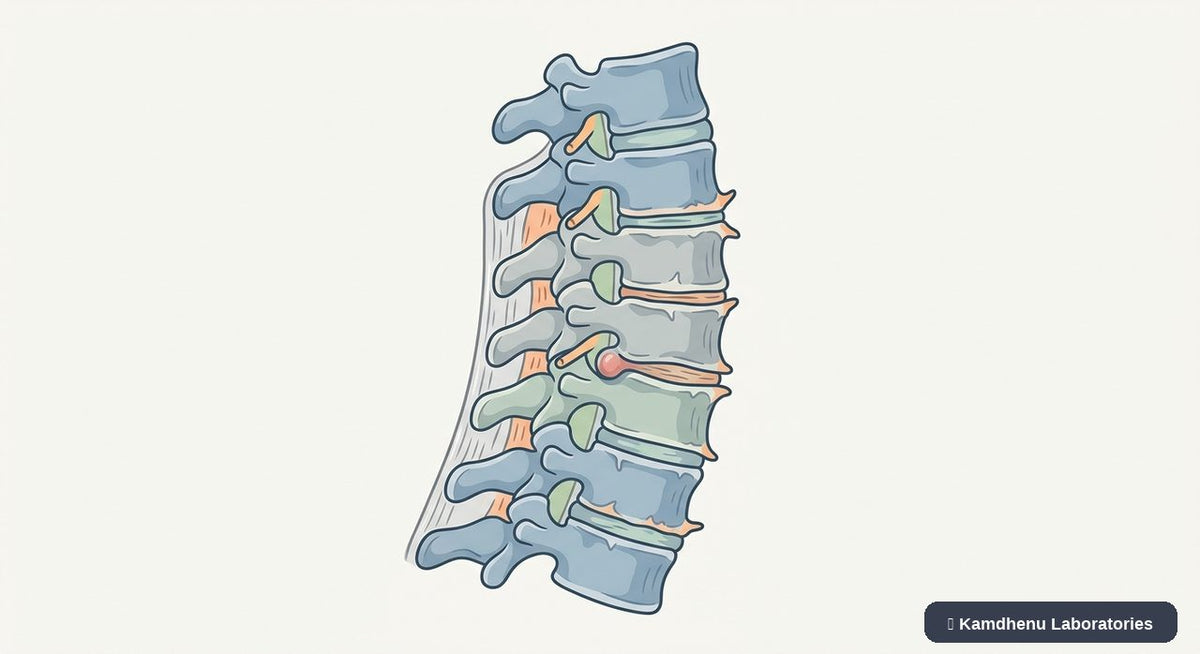 Editorial illustration representing Cervical spondylosis for the Kamdhenu Laboratories educational wellness blog.