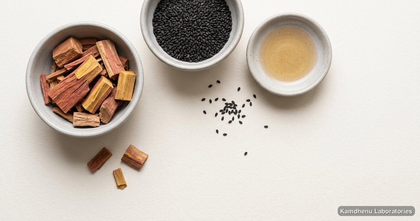 Chandanbala Laxadi Taila | 100 ml — Ayurvedic oil containing chandan, til. Clean product photograph on a soft light background.