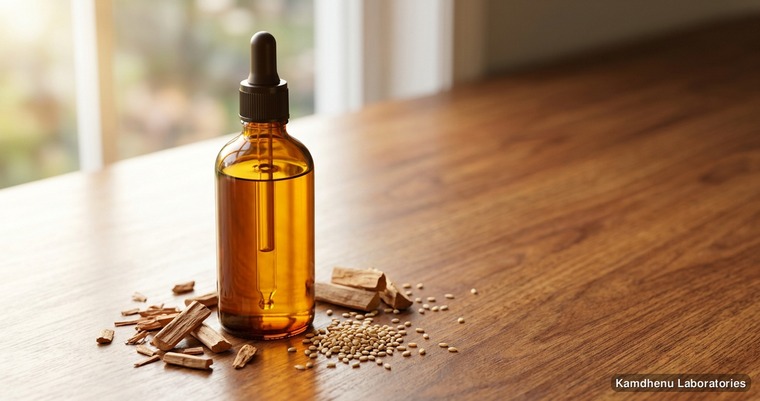 Ayurvedic oil — Chandanbala Laxadi Taila | 100 ml featuring chandan, til, photographed in a wellness setting