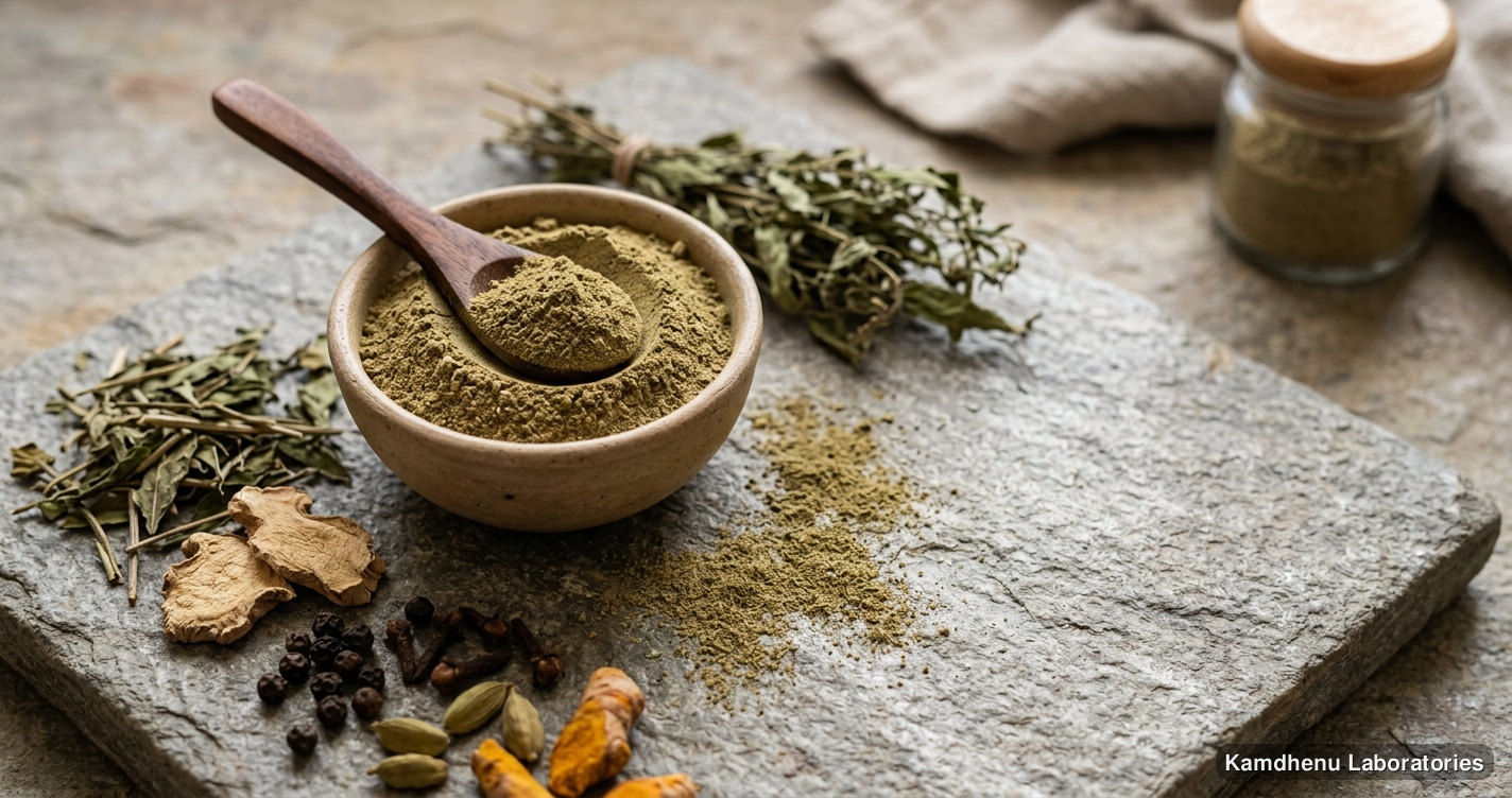 Ayurvedic powder — Chirayata Powder, photographed in a wellness setting