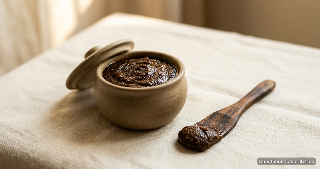 Ayurvedic paste — Chitrak Haritaki Avaleha, photographed in a wellness setting