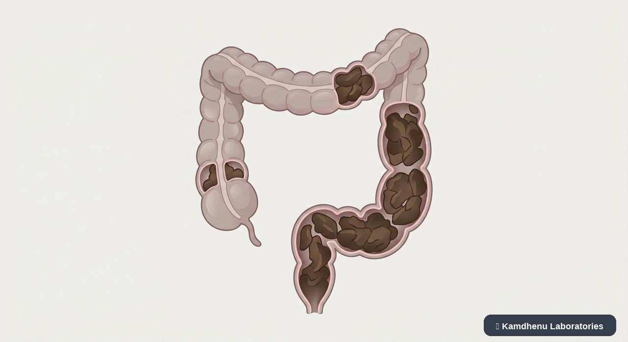 Editorial illustration representing Chronic constipation for the Kamdhenu Laboratories educational wellness blog.