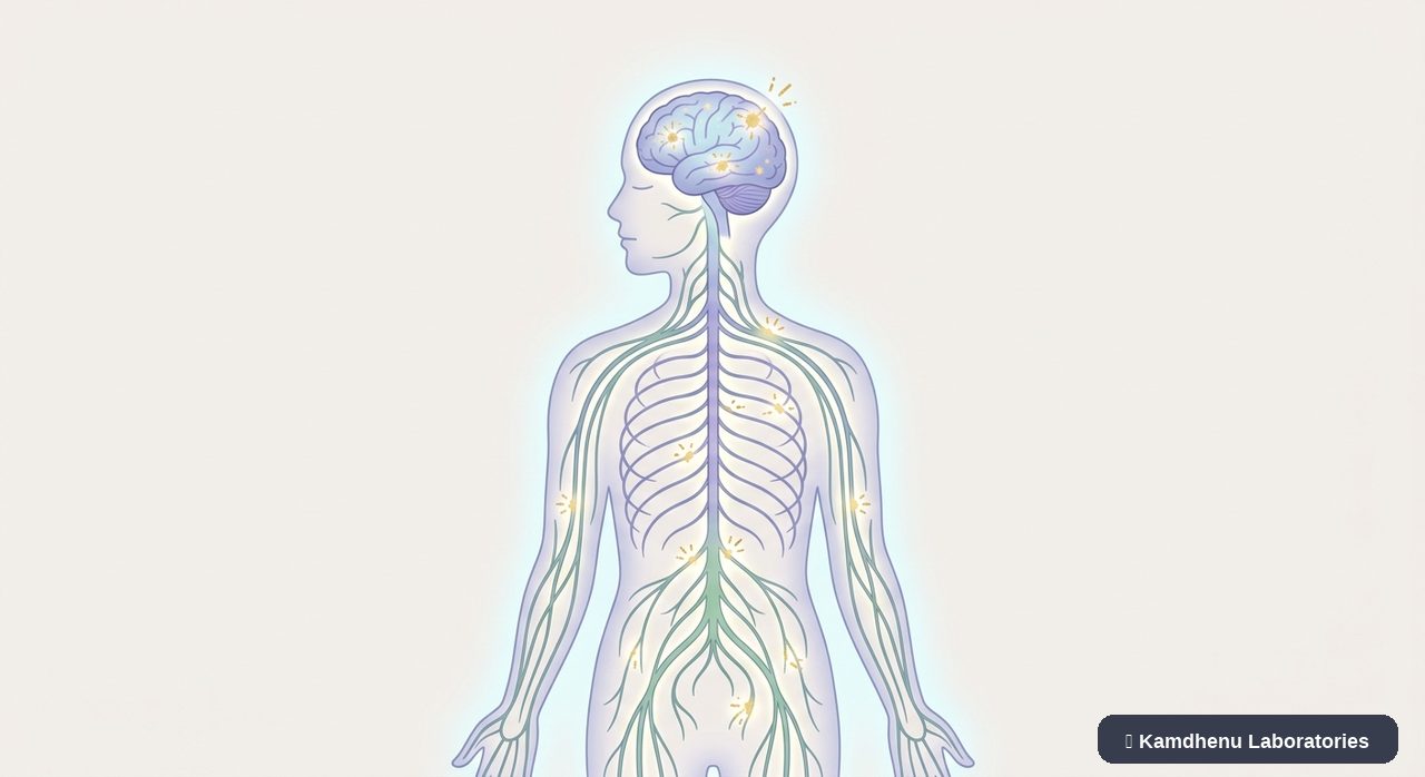 Editorial illustration representing Chronic fatigue syndrome (ME/CFS) for the Kamdhenu Laboratories educational wellness blog.