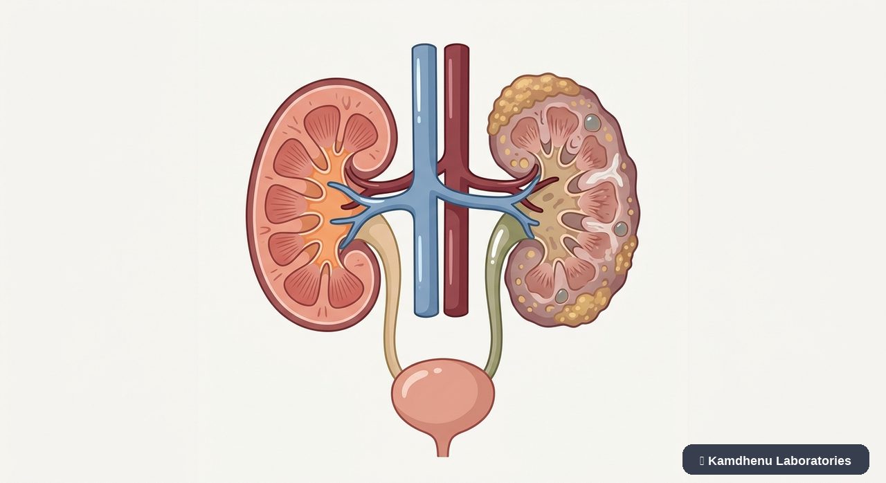 Editorial illustration representing Chronic kidney disease for the Kamdhenu Laboratories educational wellness blog.