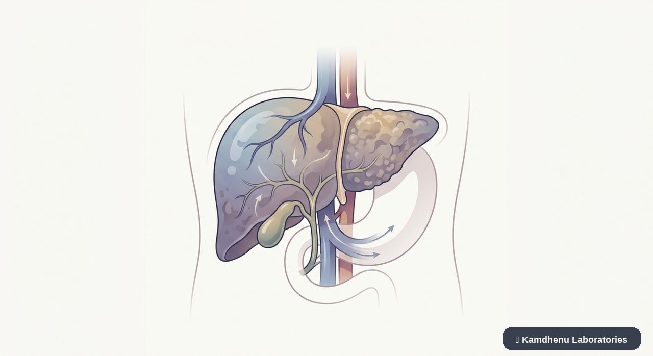Editorial illustration representing Chronic liver failure for the Kamdhenu Laboratories educational wellness blog.