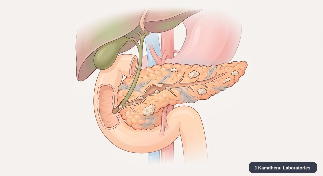 Editorial illustration representing Chronic pancreatitis for the Kamdhenu Laboratories educational wellness blog.
