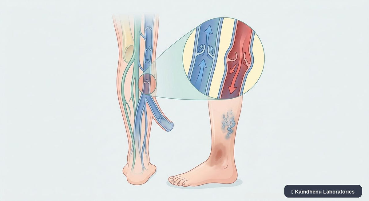 Editorial illustration representing Chronic venous insufficiency for the Kamdhenu Laboratories educational wellness blog.