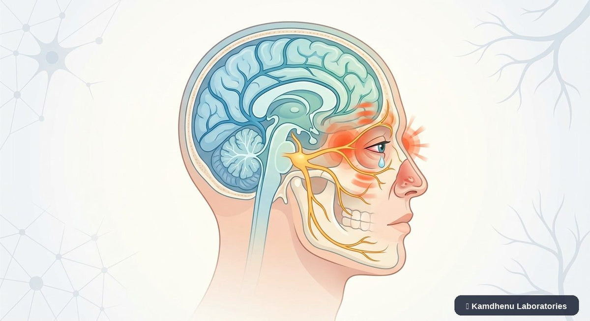 Editorial illustration representing Cluster headache for the Kamdhenu Laboratories educational wellness blog.