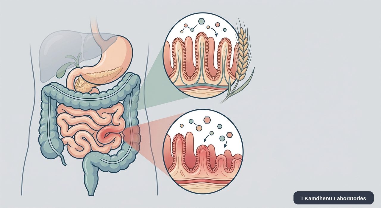 Editorial illustration representing Coeliac disease for the Kamdhenu Laboratories educational wellness blog.