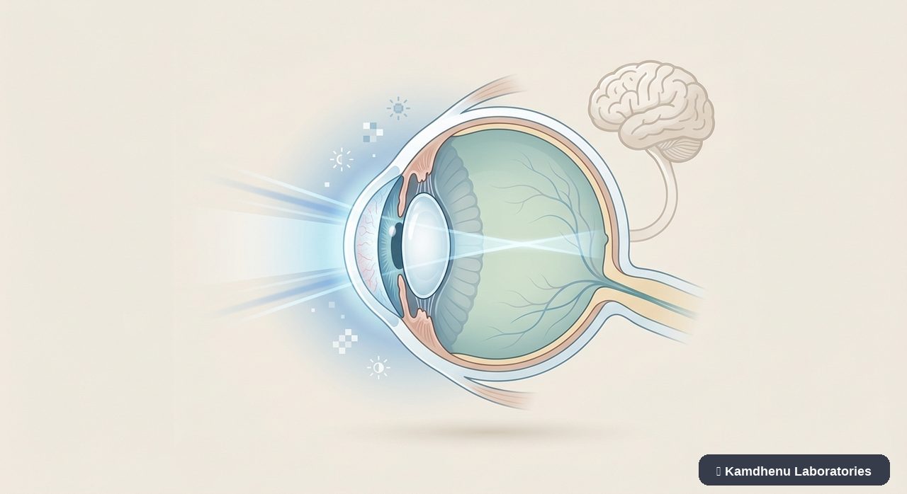 Editorial illustration representing Computer vision syndrome for the Kamdhenu Laboratories educational wellness blog.
