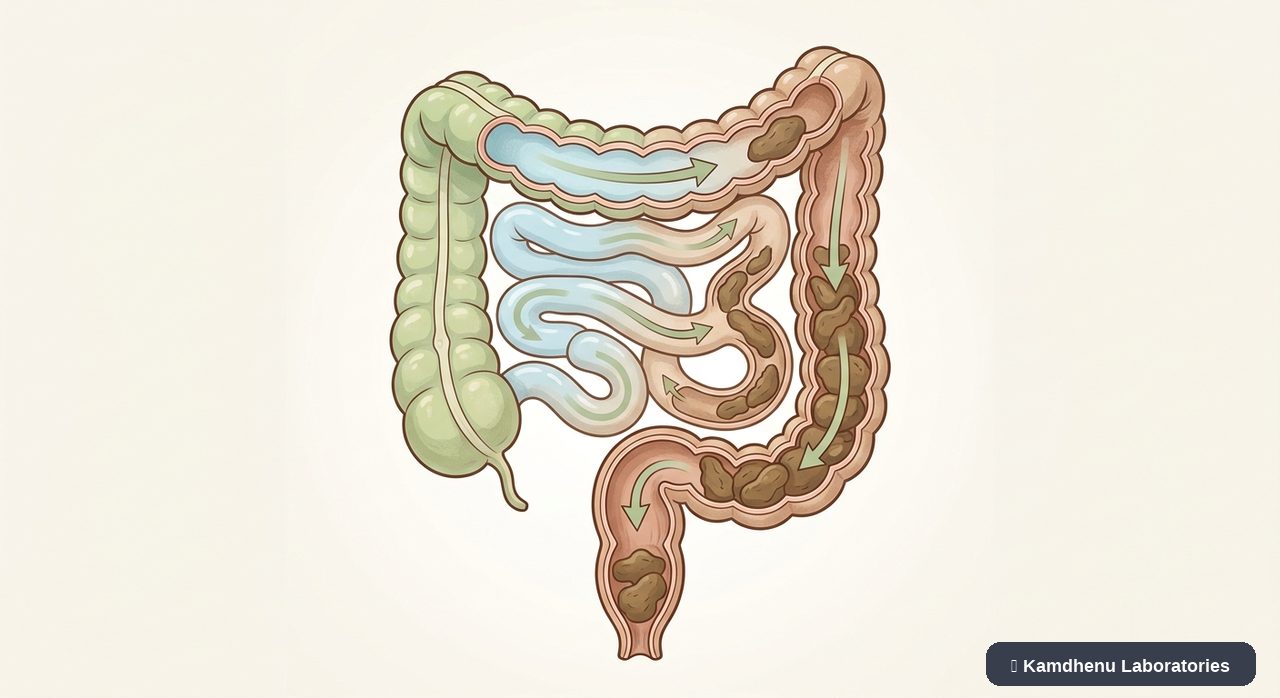 Editorial illustration representing Constipation for the Kamdhenu Laboratories educational wellness blog.
