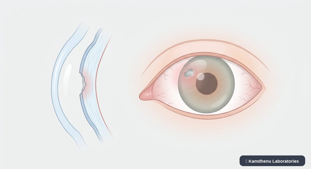 Editorial illustration representing Corneal ulcer for the Kamdhenu Laboratories educational wellness blog.