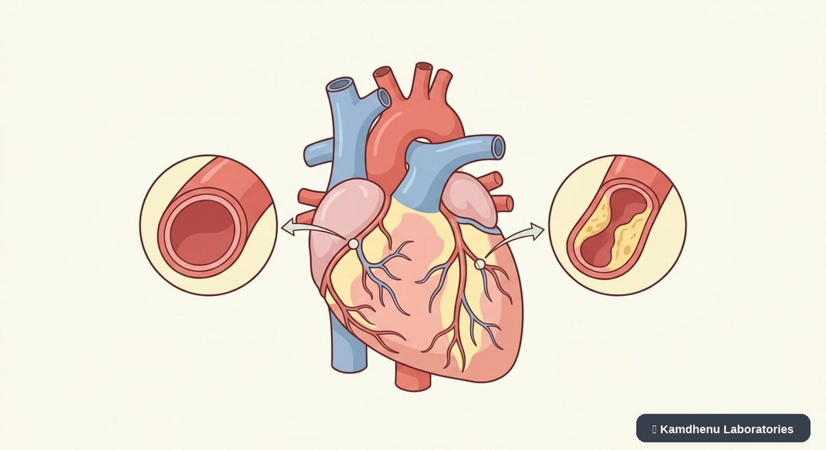 Editorial illustration representing Coronary artery disease for the Kamdhenu Laboratories educational wellness blog.