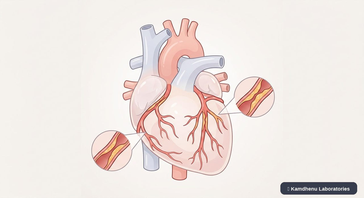 Editorial illustration representing Coronary heart disease for the Kamdhenu Laboratories educational wellness blog.