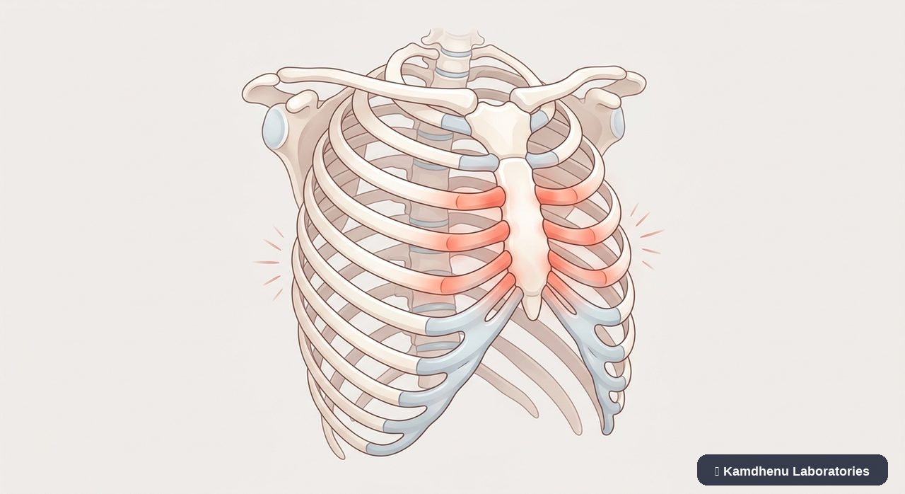 Editorial illustration representing Costochondritis for the Kamdhenu Laboratories educational wellness blog.