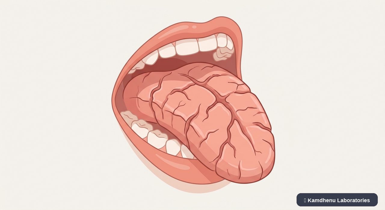 Editorial illustration representing Cracked tongue for the Kamdhenu Laboratories educational wellness blog.