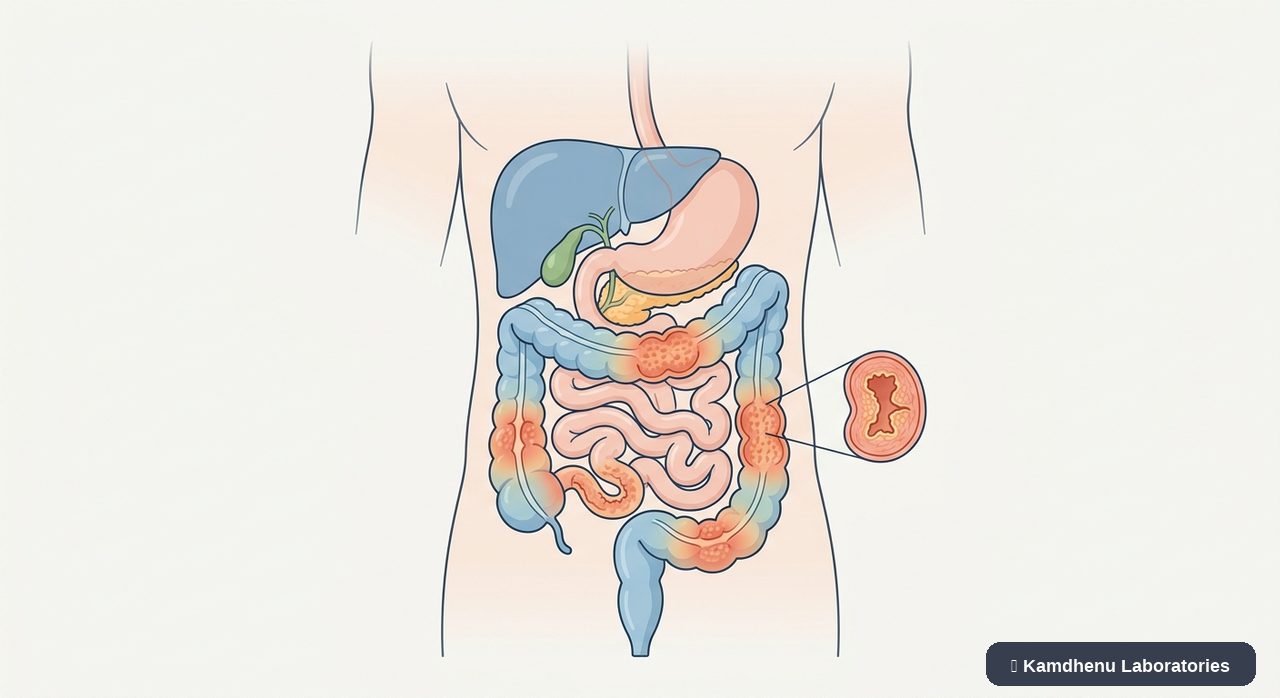 Editorial illustration representing Crohn's disease for the Kamdhenu Laboratories educational wellness blog.