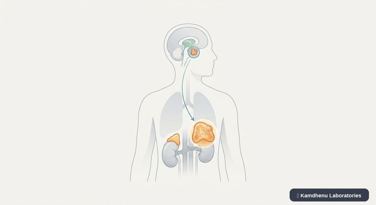 Editorial illustration representing Cushing syndrome for the Kamdhenu Laboratories educational wellness blog.
