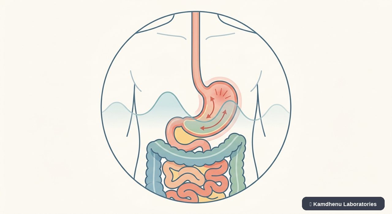 Editorial illustration representing Cyclic vomiting syndrome for the Kamdhenu Laboratories educational wellness blog.