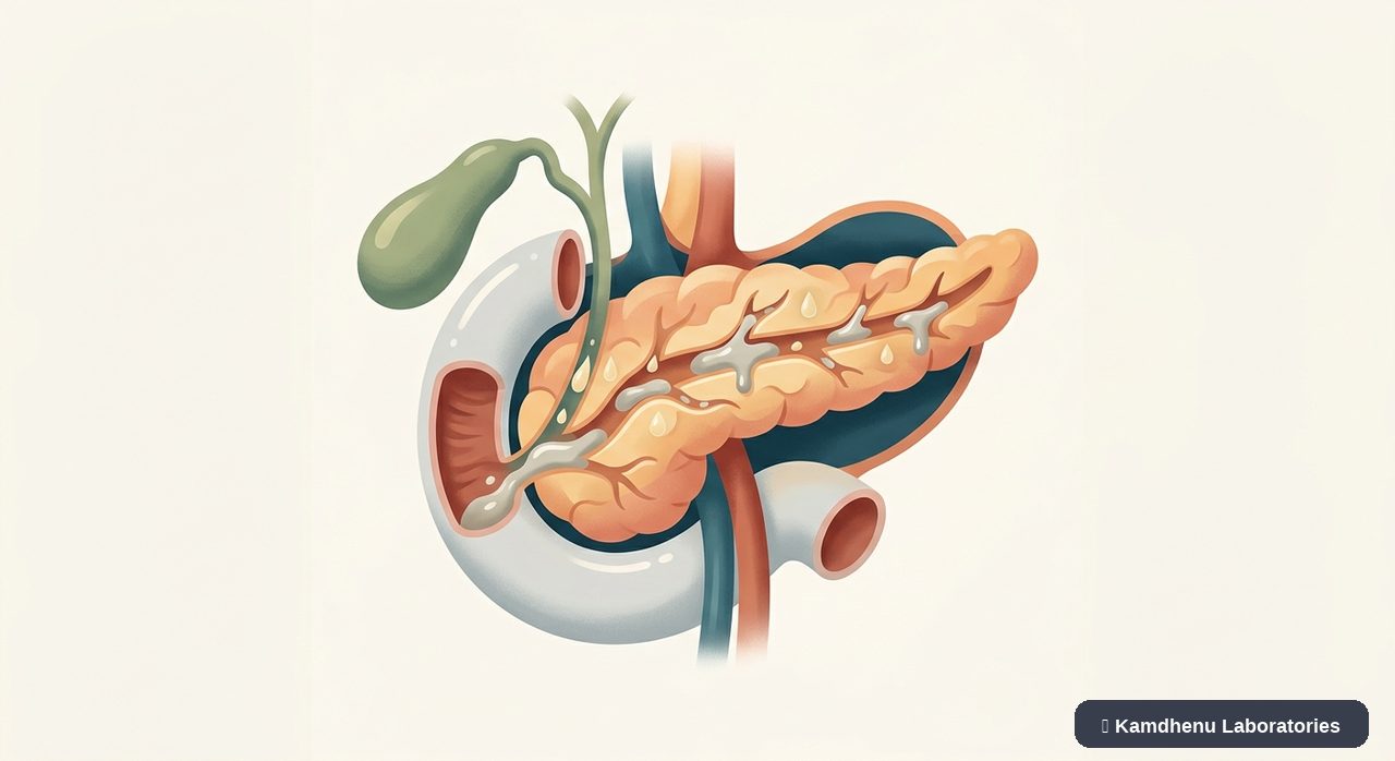 Editorial illustration representing Cystic fibrosis-related pancreatic disease for the Kamdhenu Laboratories educational wellness blog.