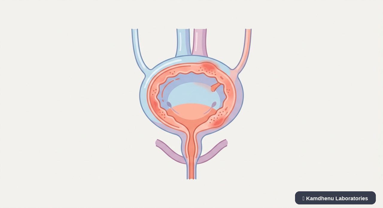 Editorial illustration representing Cystitis for the Kamdhenu Laboratories educational wellness blog.