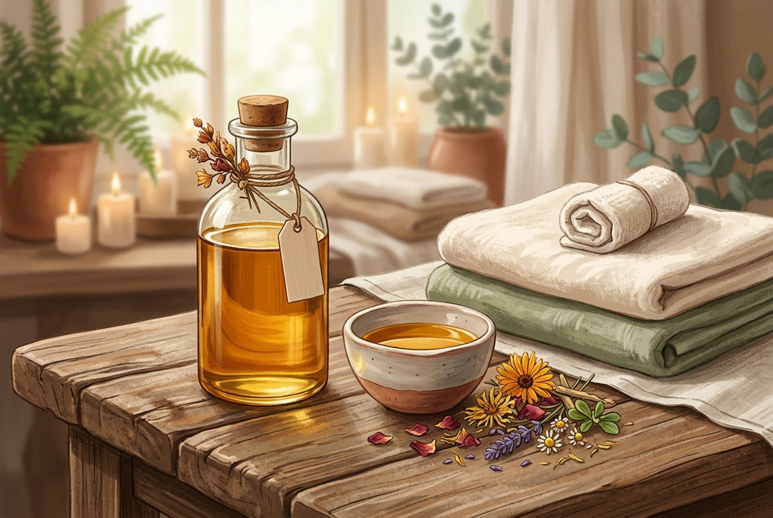 आयुर्वेदिक तेल की बोतल, हर्बल तेल और तौलिये — 'दैनिक अभ्यंग तेल मालिश रूटीन' लेख का चित्र