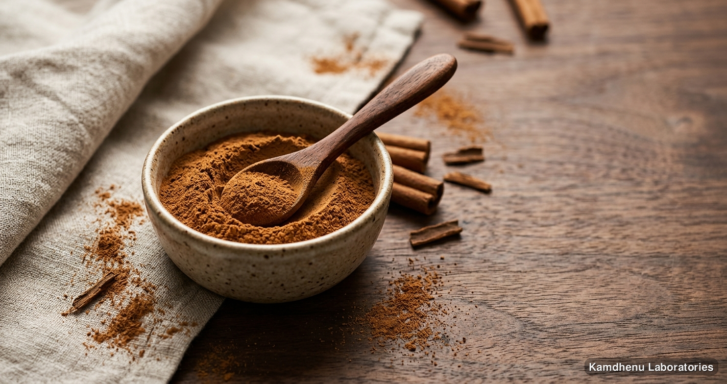 Ayurvedic powder — Dalchini Powder, photographed in a wellness setting