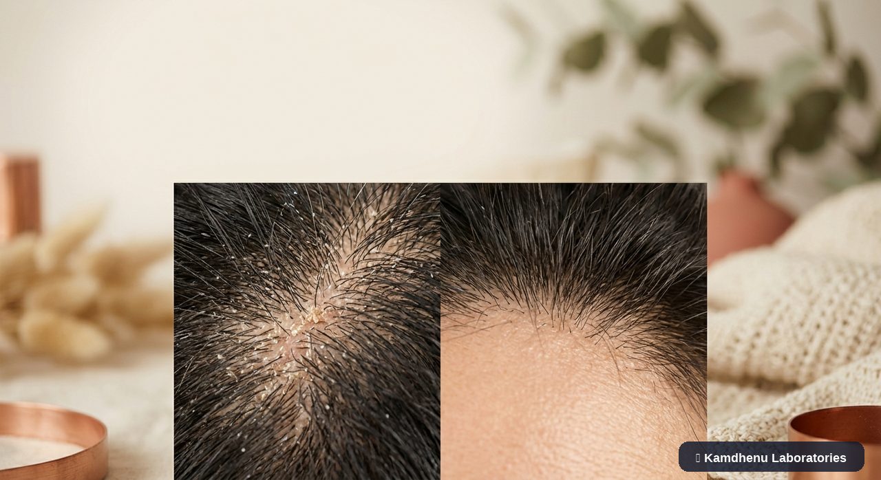 Editorial illustration representing Dandruff for the Kamdhenu Laboratories educational wellness blog.