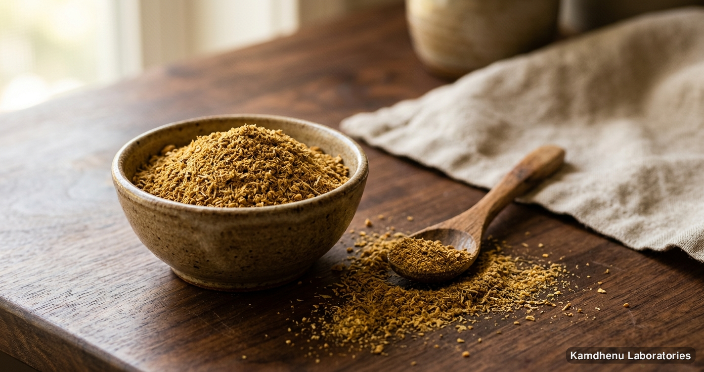 Ayurvedic powder — Danemethi Powder, photographed in a wellness setting