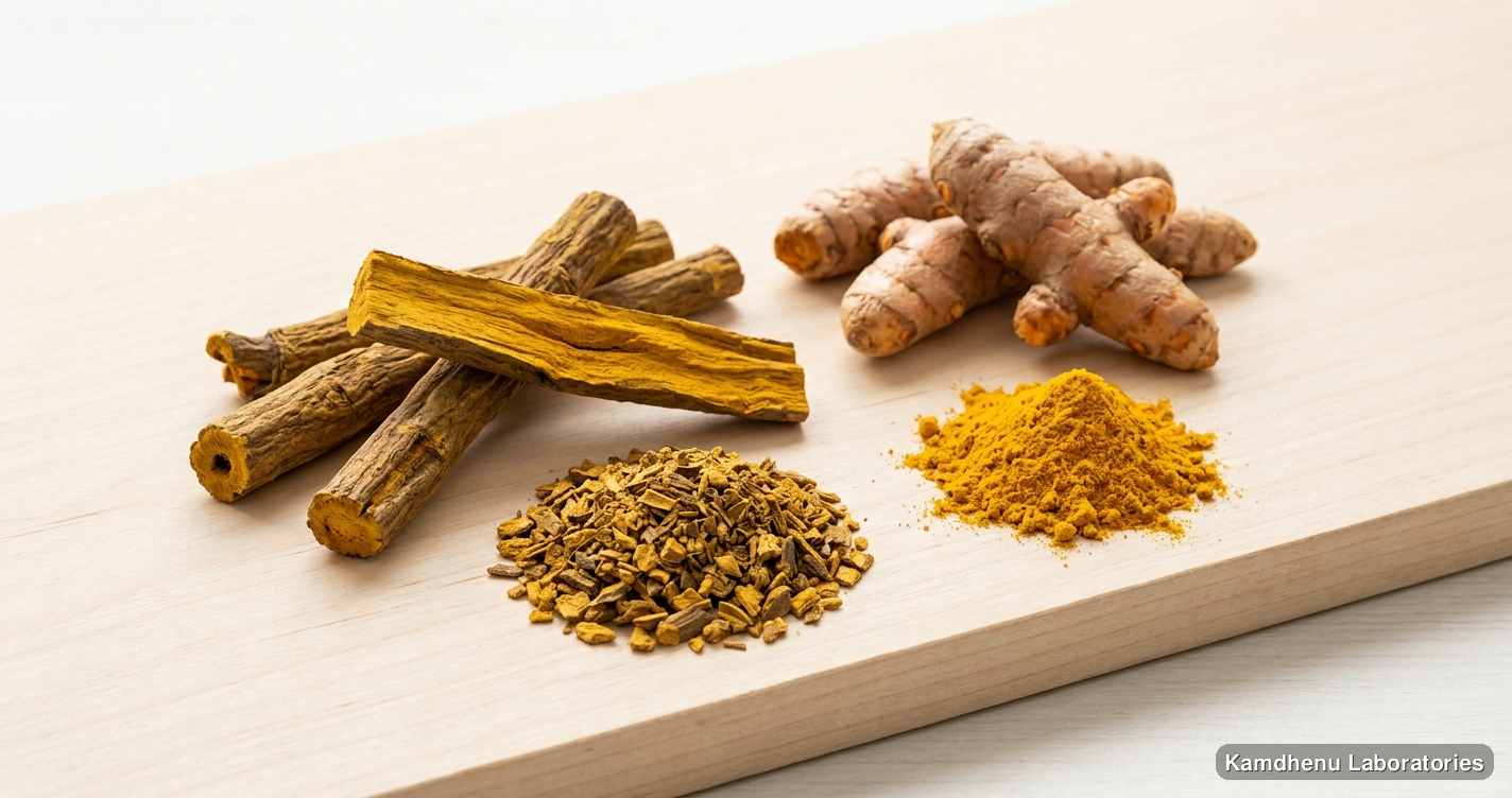 Daruharidra Powder — Ayurvedic powder containing haldi. Clean product photograph on a soft light background.