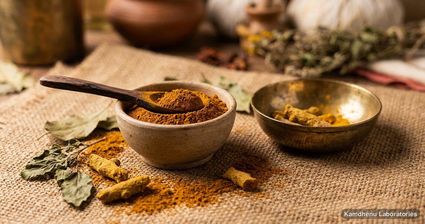 Ayurvedic powder — Daruharidra Powder featuring haldi, photographed in a wellness setting