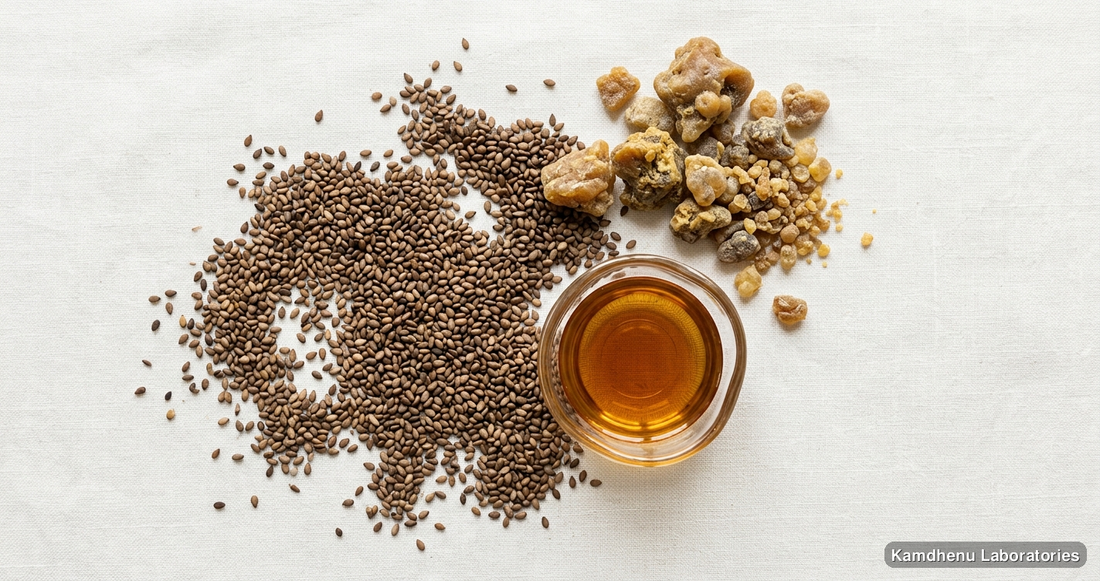 Dashmool Taila | 100 ml — Ayurvedic oil containing til, hing. Clean product photograph on a soft light background.