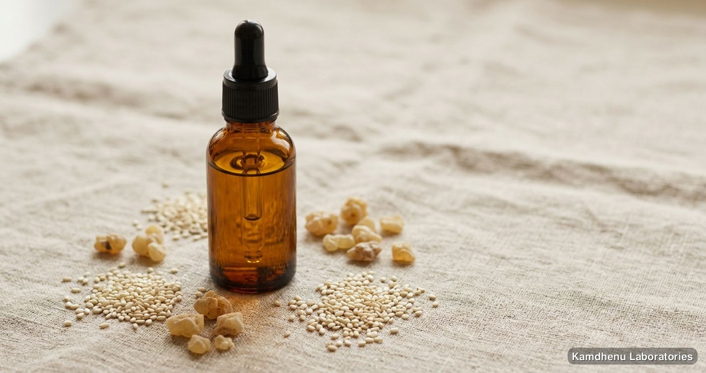 Ayurvedic oil — Dashmool Taila | 100 ml featuring til, hing, photographed in a wellness setting