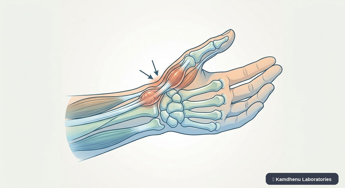 Editorial illustration representing De Quervain tenosynovitis for the Kamdhenu Laboratories educational wellness blog.