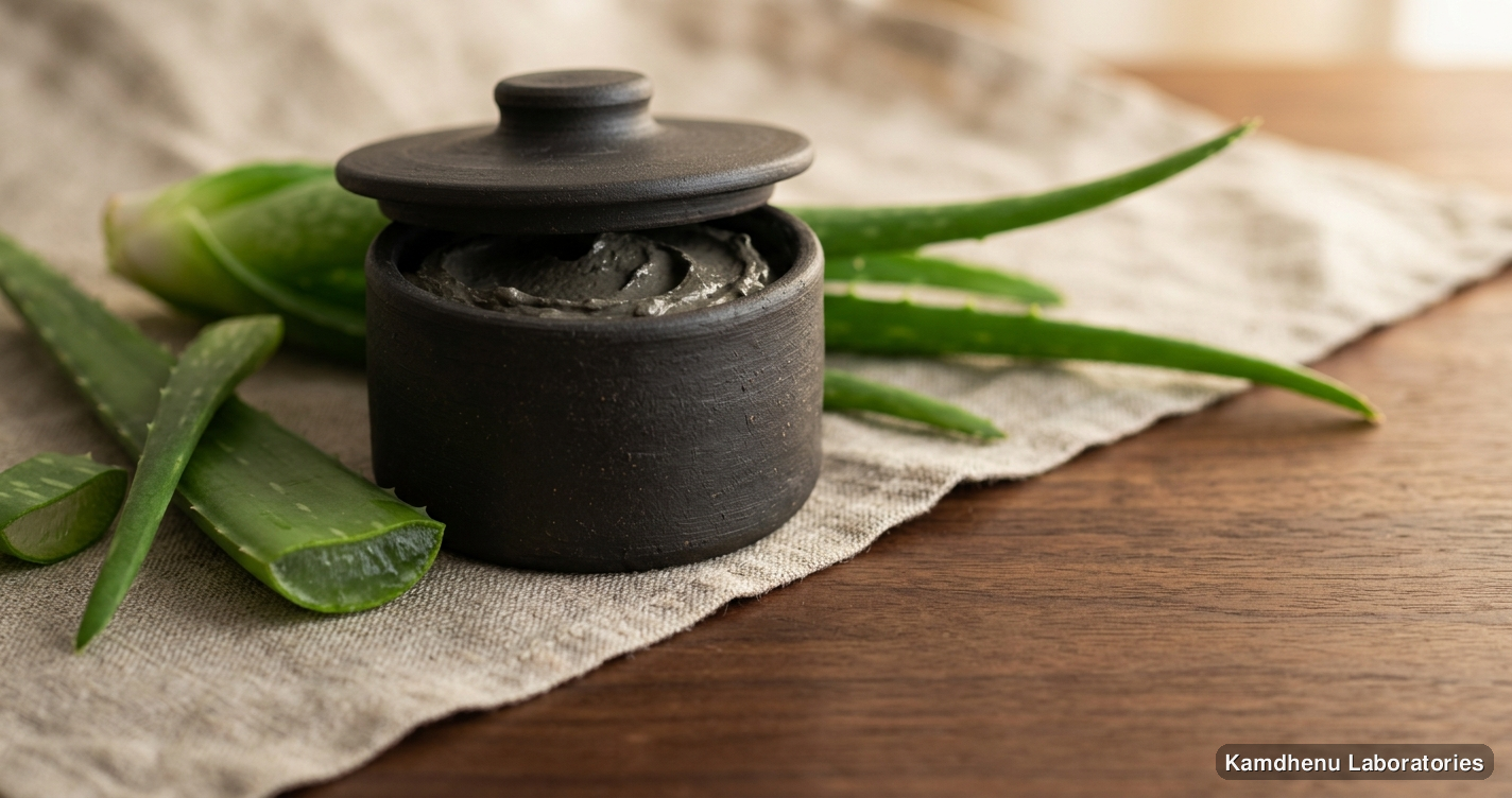 Ayurvedic product — Dead Sea Mud Clay (250 g) featuring aloe vera, photographed in a wellness setting