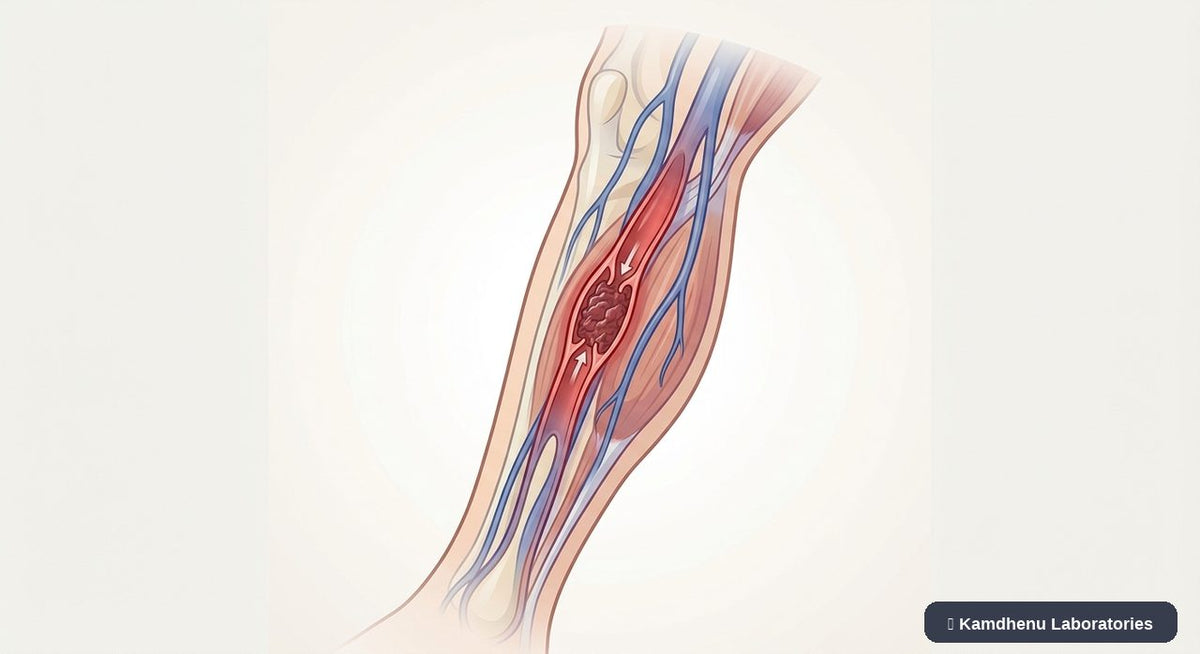 Editorial illustration representing Deep vein thrombosis (DVT) for the Kamdhenu Laboratories educational wellness blog.