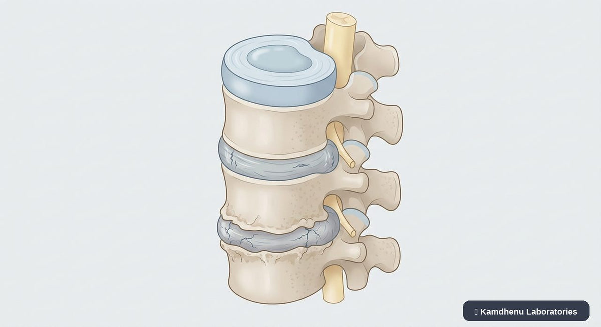 Editorial illustration representing Degenerative disc disease for the Kamdhenu Laboratories educational wellness blog.