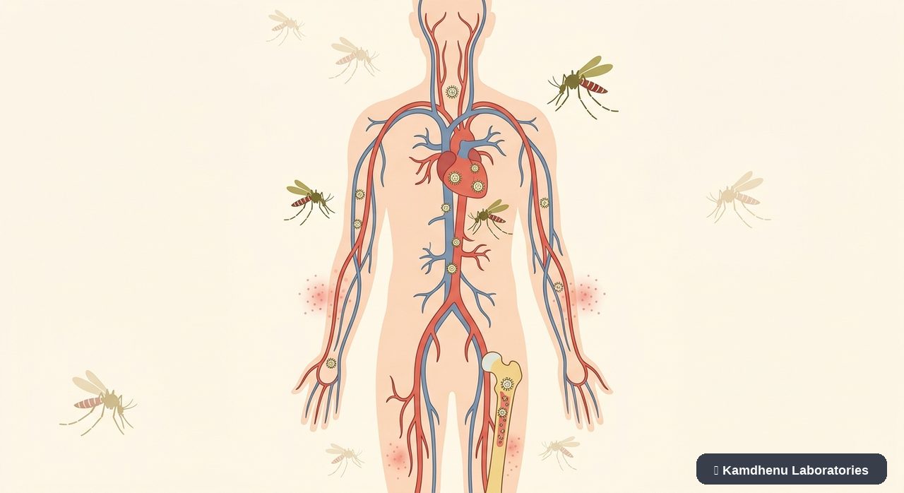 Editorial illustration representing Dengue fever for the Kamdhenu Laboratories educational wellness blog.