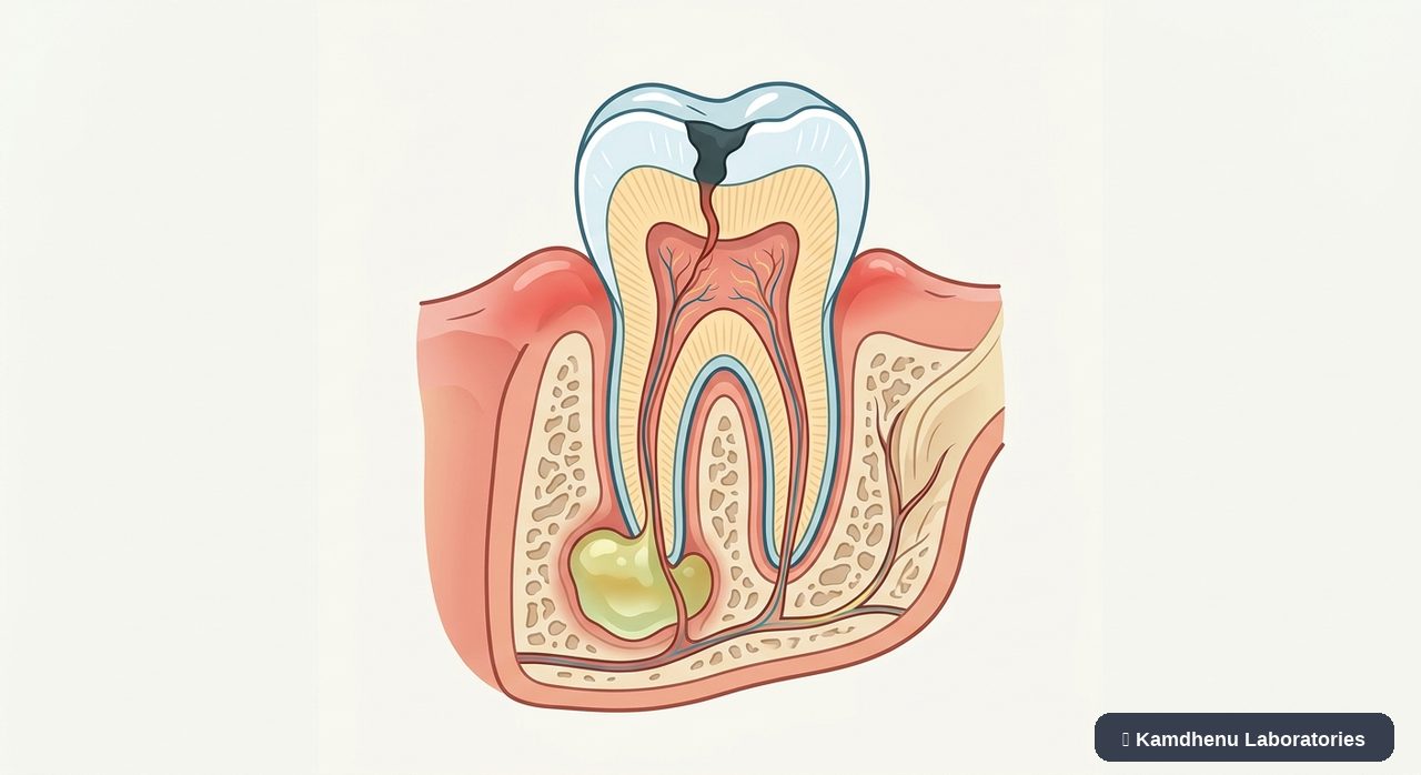 Editorial illustration representing Dental abscess for the Kamdhenu Laboratories educational wellness blog.