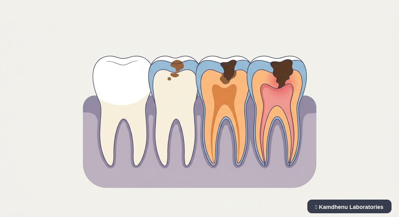 Editorial illustration representing Dental caries (Tooth decay) for the Kamdhenu Laboratories educational wellness blog.