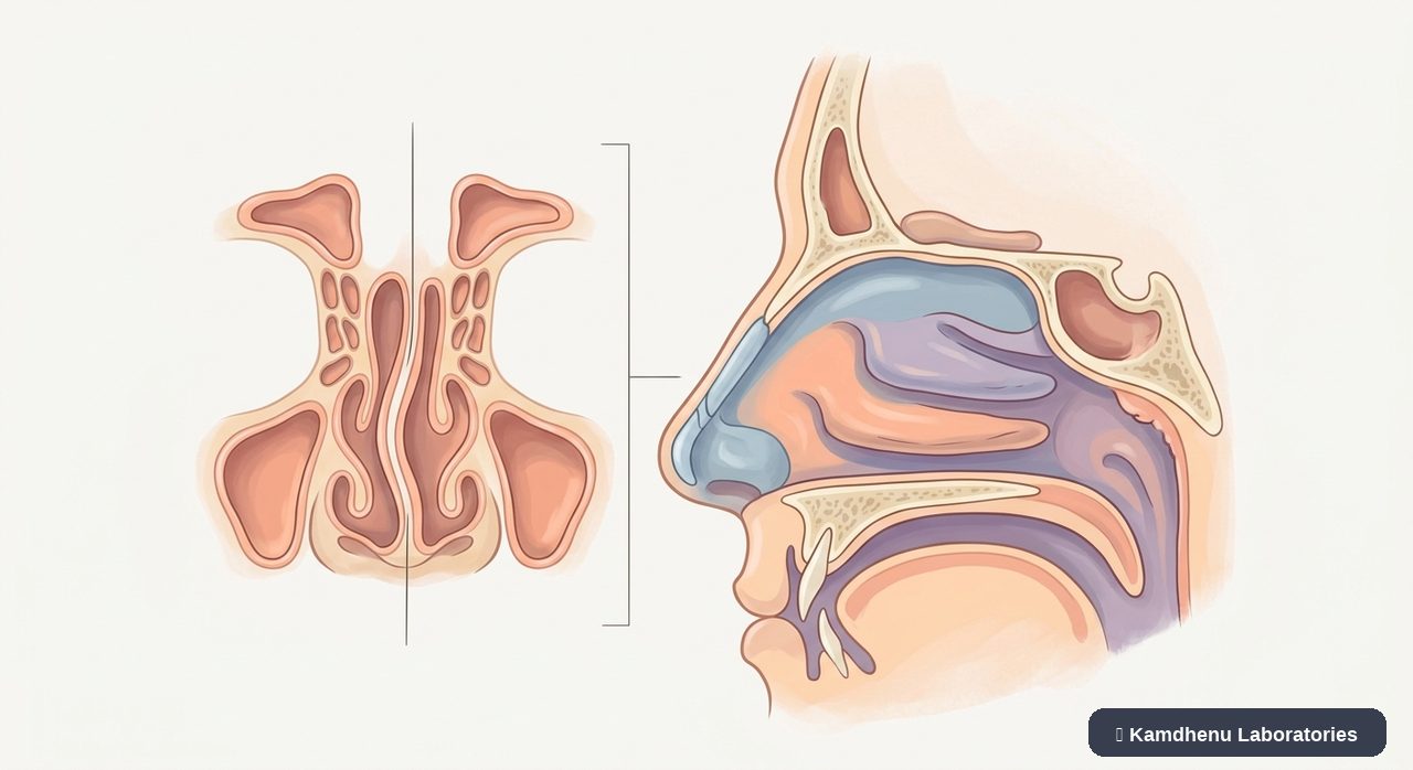 Editorial illustration representing Deviated nasal septum for the Kamdhenu Laboratories educational wellness blog.