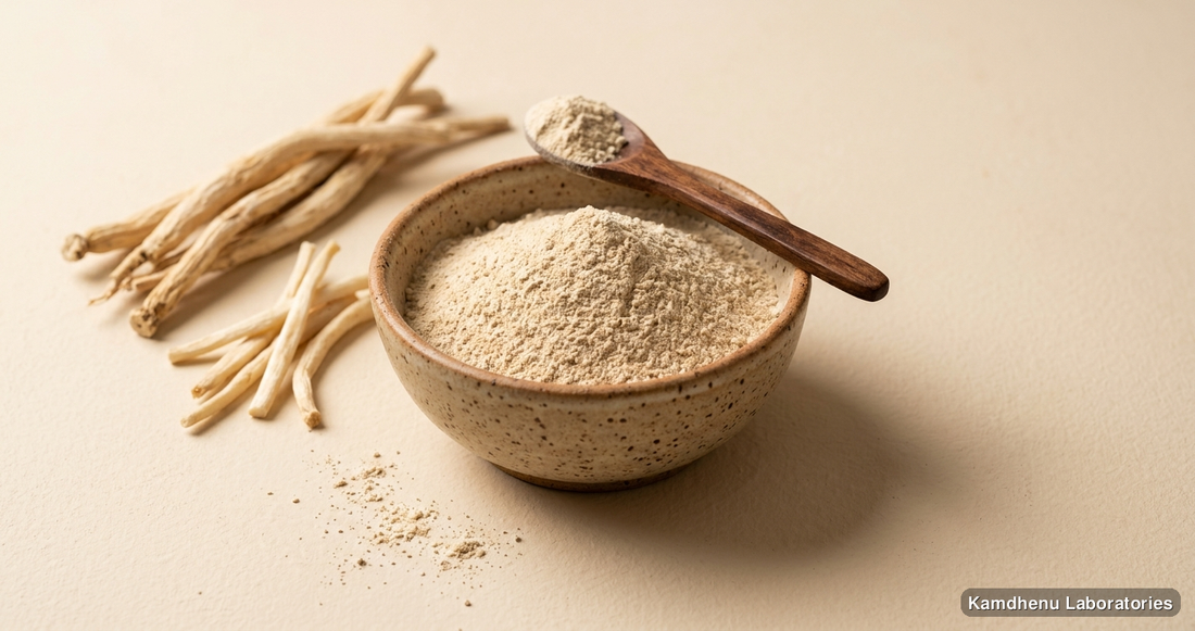 Ayurvedic powder — Dhatupaushtik Churna featuring shatavari, safed musli, photographed in a wellness setting