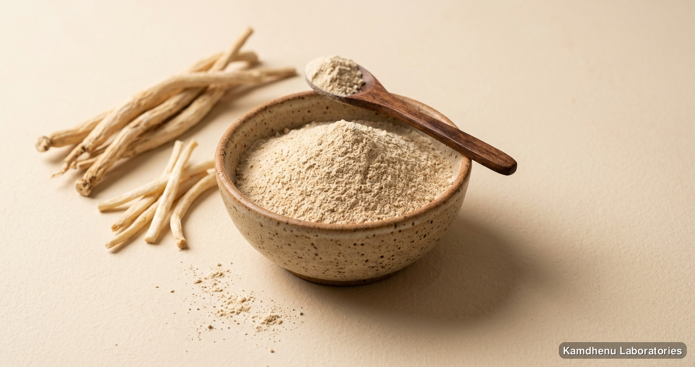 Ayurvedic powder — Dhatupaushtik Churna featuring shatavari, safed musli, photographed in a wellness setting