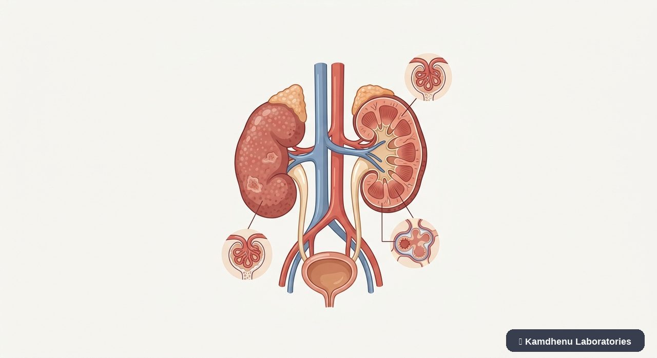Editorial illustration representing Diabetic kidney disease for the Kamdhenu Laboratories educational wellness blog.