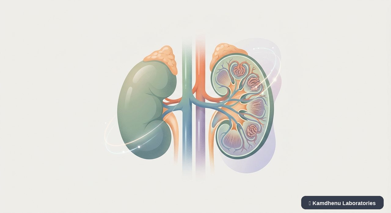 Editorial illustration representing Diabetic nephropathy for the Kamdhenu Laboratories educational wellness blog.