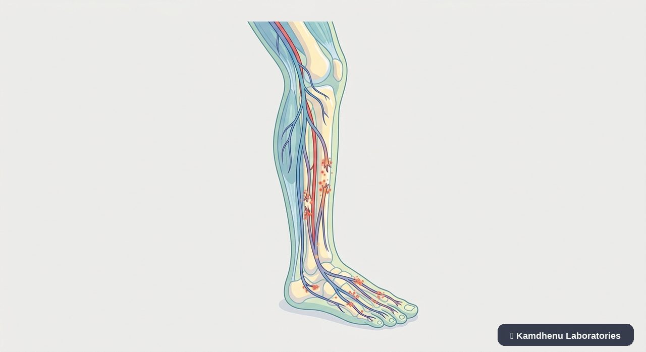 Editorial illustration representing Diabetic neuropathy for the Kamdhenu Laboratories educational wellness blog.