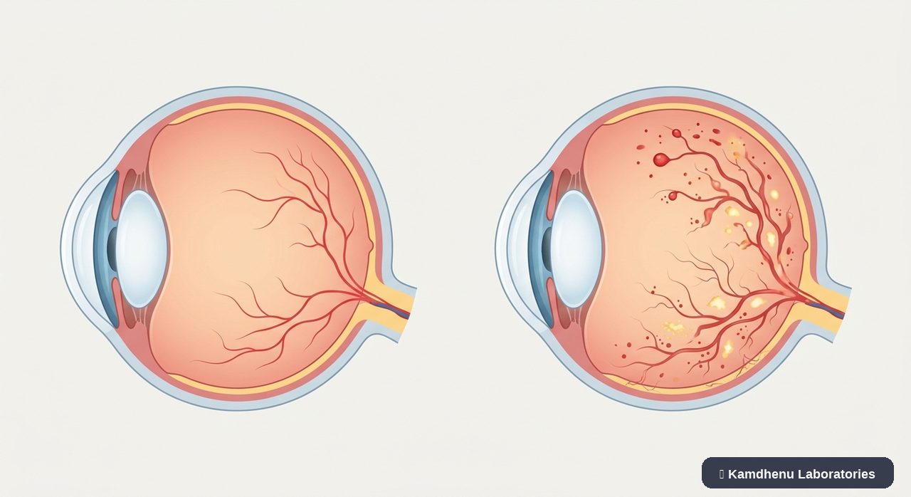 Editorial illustration representing Diabetic retinopathy for the Kamdhenu Laboratories educational wellness blog.