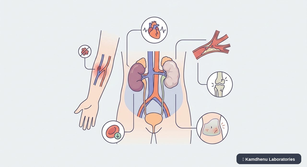 Editorial illustration representing Dialysis-related complications for the Kamdhenu Laboratories educational wellness blog.