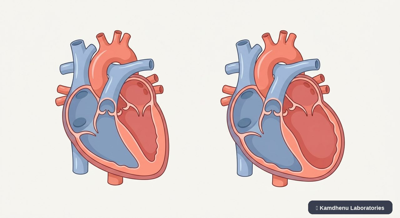 Editorial illustration representing Dilated cardiomyopathy for the Kamdhenu Laboratories educational wellness blog.